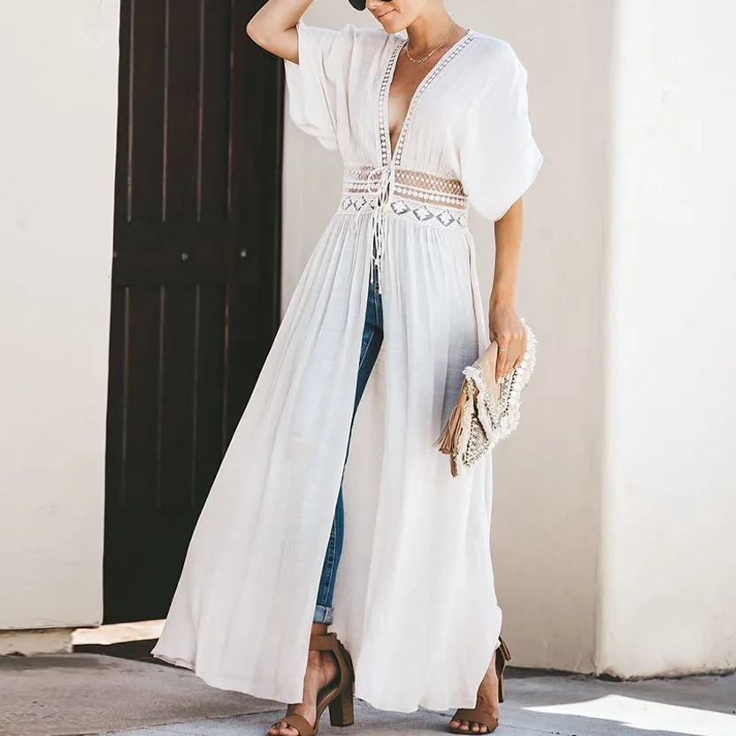 Женское пляжное платье в стиле пэчворк кружевное макси на шнуровке лето 2019 |