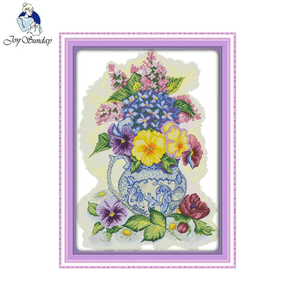 Joy Sunday flower style Three color vase cross stitch patterns designs needlepoint stitchery kits for home decoration | Дом и сад