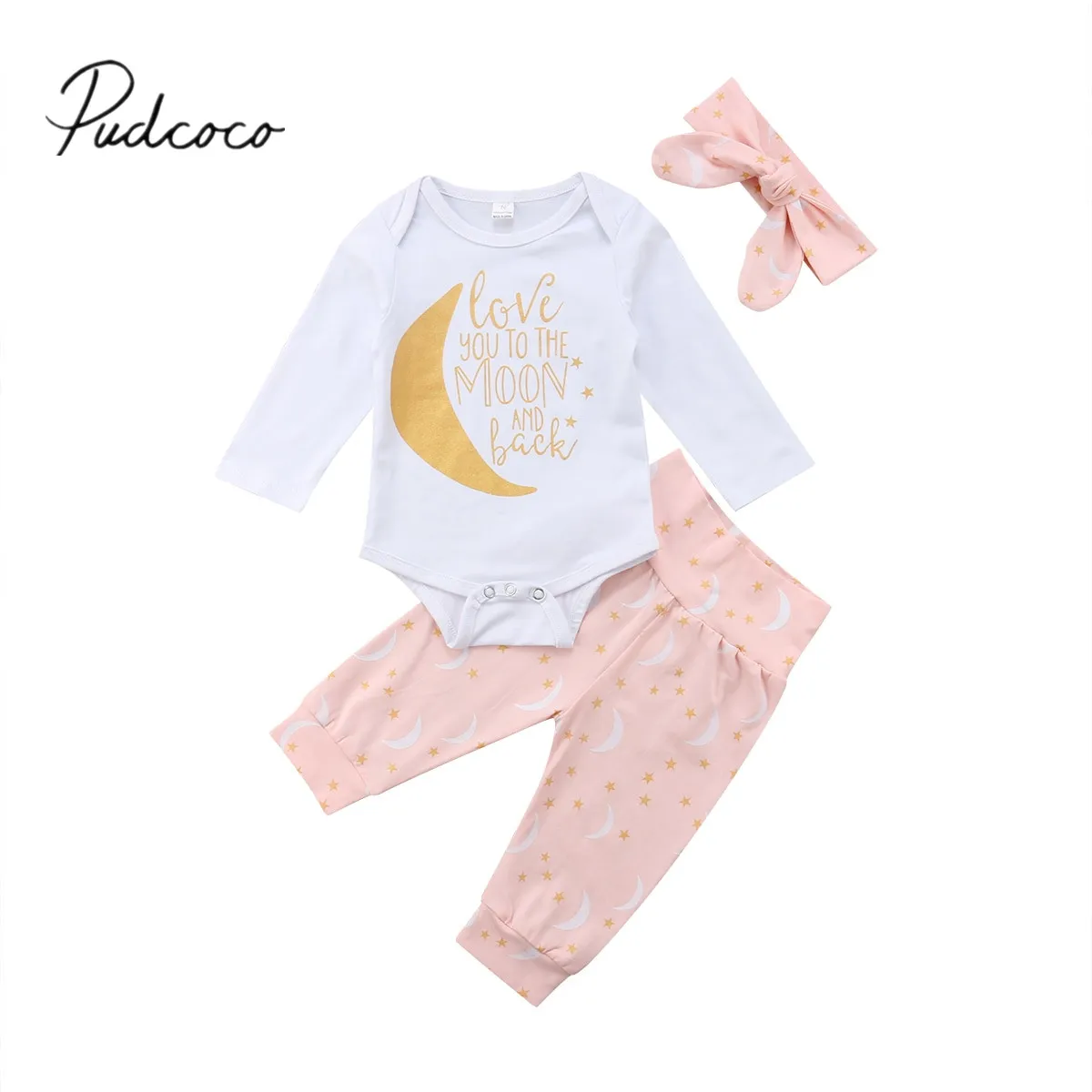 2018 Brand New Newborn Infant Baby Girls Boys Clothes 3PCS Long Sleeve Letter Moon White Romper Tops+Moon Stars Pants+Headband | Детская
