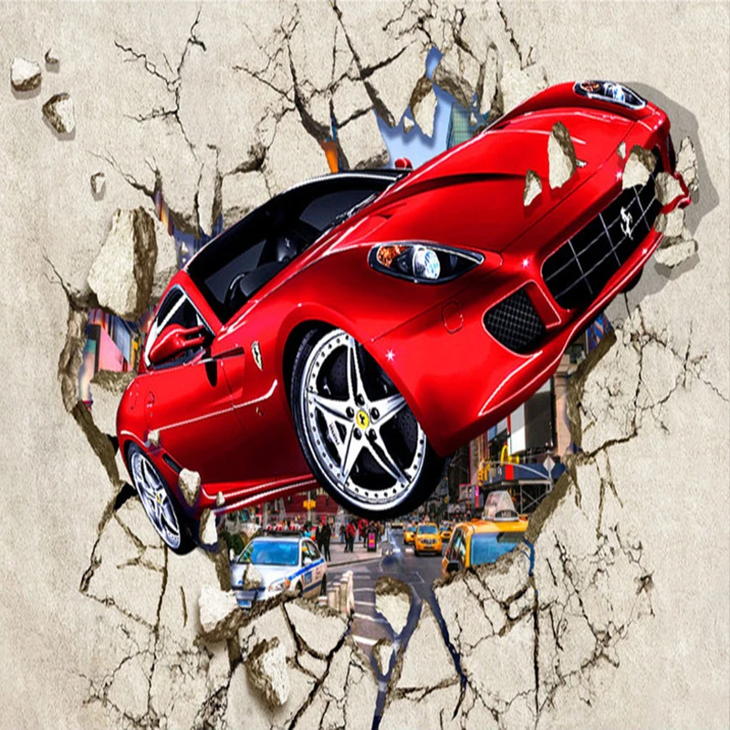 Пользовательских фото настенные Бумага 3D красный автомобиль сломанной стены Творческий Крытый ТВ Задний план декоративная роспись стены Бумага для Гостиная диван