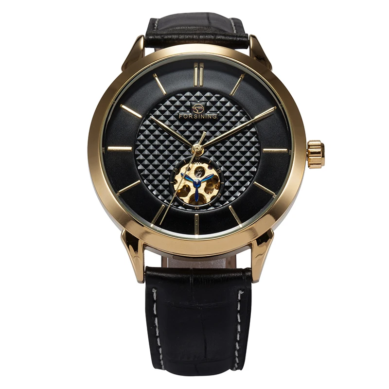 FORSINING Brand Mens Watches Luxury Gold Case Leather Belt Black Dial Auto Mechanical Male Relogio Wristwatches Erkek Kol Saati | Наручные