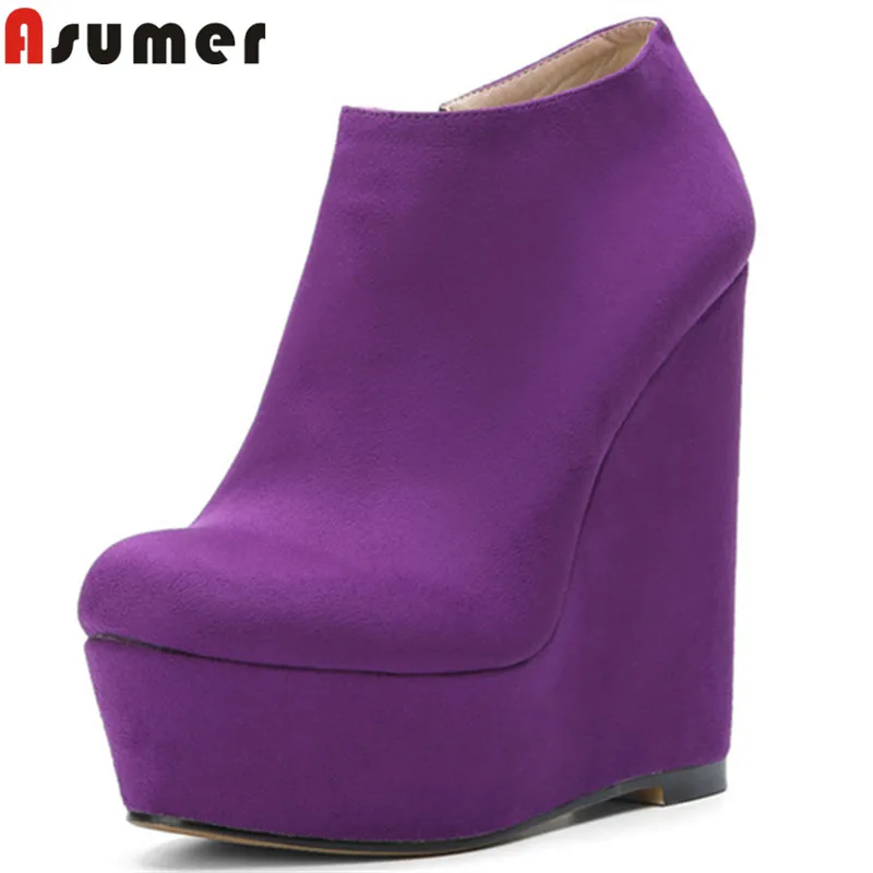 

ASUMER 2022 fashion ankle boots for women round toe platform wedges shoes flock zip autumn winter boots women plus size 35-47
