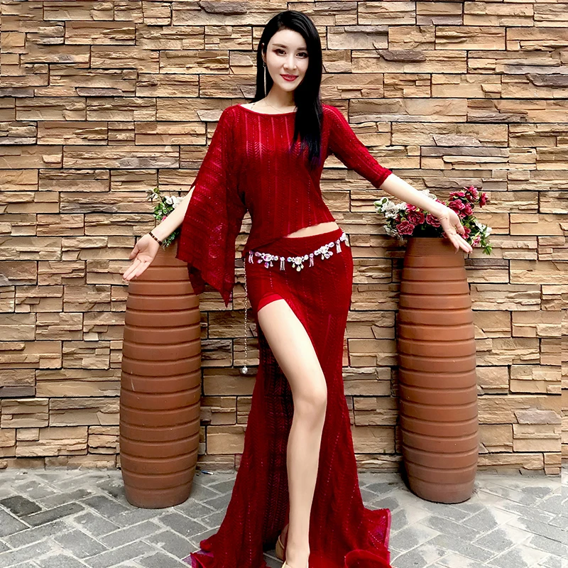 Bellydance костюм набор Болливуд нерегулярные кружевные топы Длинные юбки танец