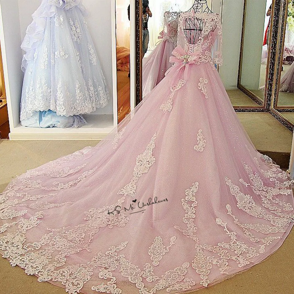 Роскошный розовый Свадебное Платье Vestidos de Noiva Princesa бусины половина рукава бальное платье невесты платья, импортированные из Китая свадебное платье со вставкой из кружева
