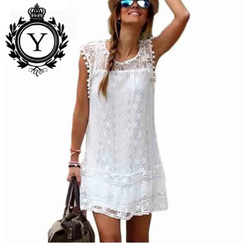 COUTUDI Summer Dress Sexy Women Casual Sleeveless Beach Short Tassel Black White Mini Lace Vestidos Plus Size S-5XL | Женская одежда