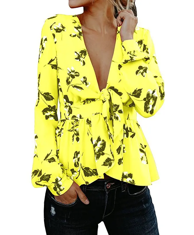 Женская блузка с цветочным принтом V образным вырезом и длинным рукавом| |