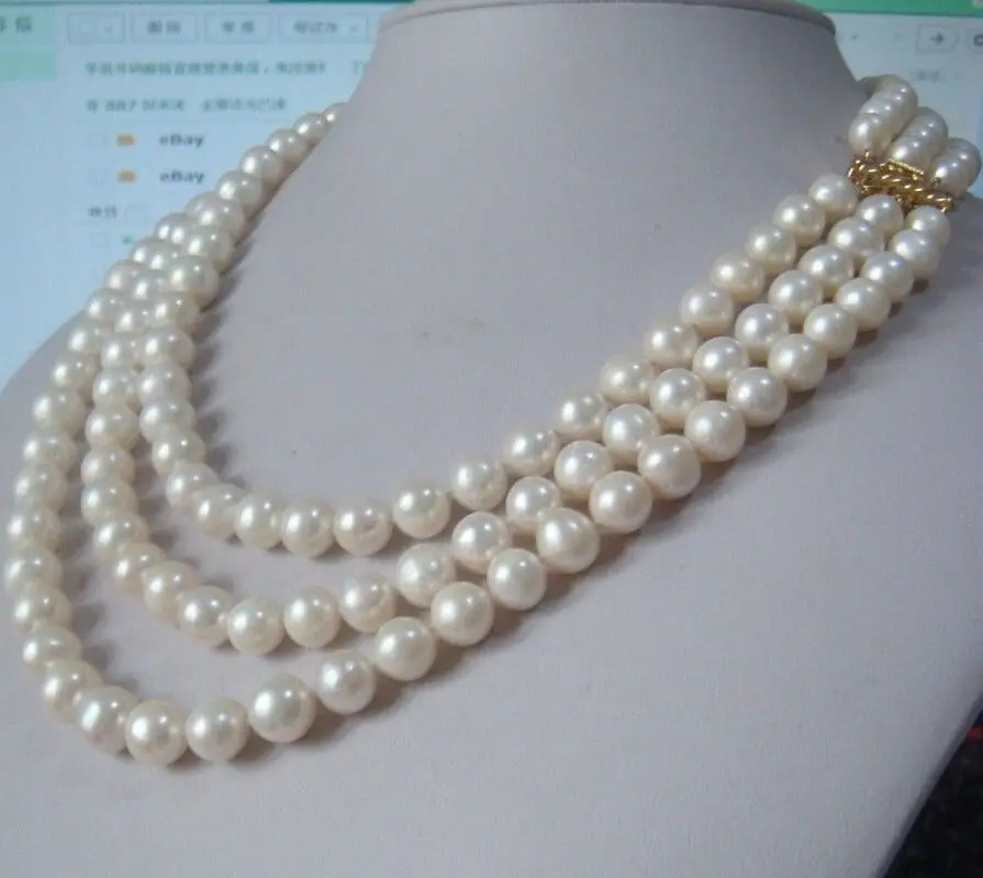 

Charming 3 row natural 9-10mm south sea white pearl necklace 18"19"20"