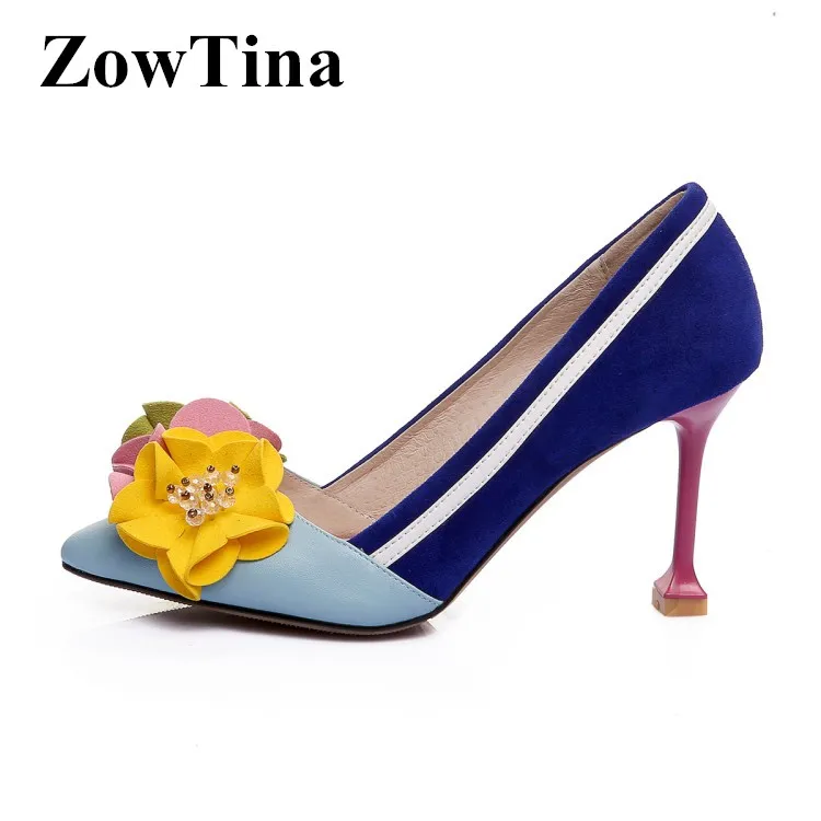 

Sexy Pointed Toe Women Pumps Blue Leather Mixed Suede Formal Dress Party Stilettos Shoes Beaded Flower Thin High Heels Valentine