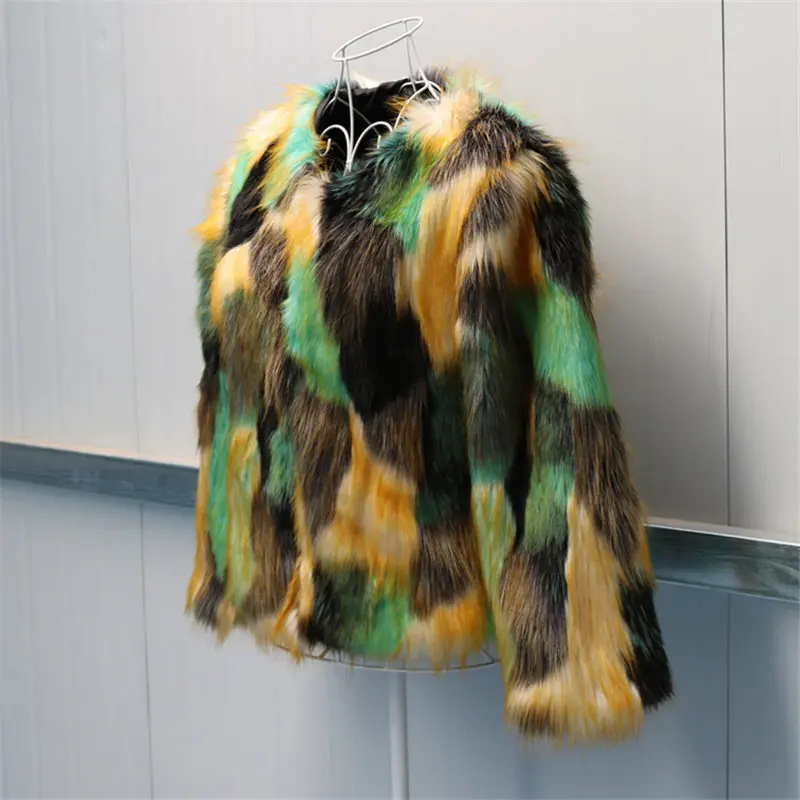 Шуба из искусственного лисьего меха Женская Осенняя зимняя утолщенная теплая куртка с длинным рукавом и круглым вырезом тонкая контрастная цветная Верхняя одежда Куртка размера плюс x934