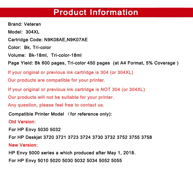 Ветеран 304XL картридж для hp 304 xl hp 304xl картридж с чернилами hp Deskjet 3720 3721 3723 3730 2620 2630 2632 5030 5020 5032 5010