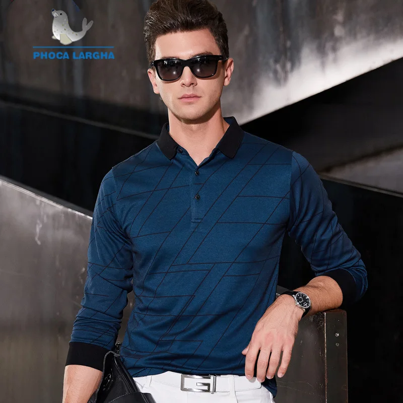Мужская футболка поло с геометрическим узором длинным рукавом однотонная для