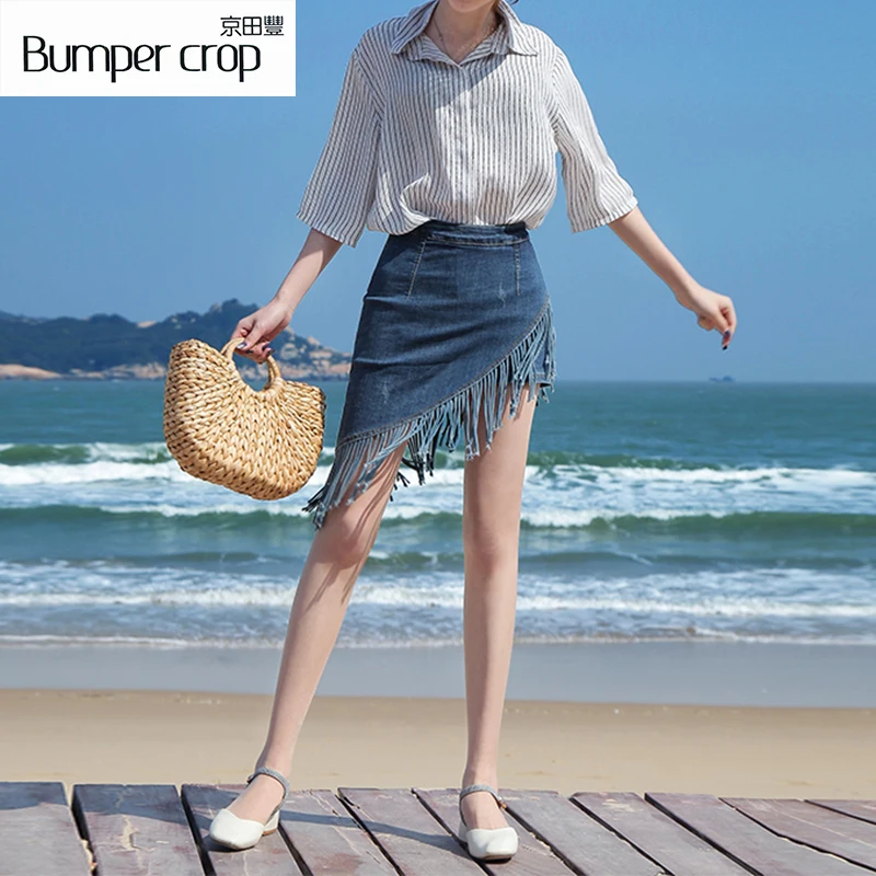 BUMPERCROP Tassel Карандаш Мини юбка в стиле Харадзюку деним bodycon уличная одежда Твердые