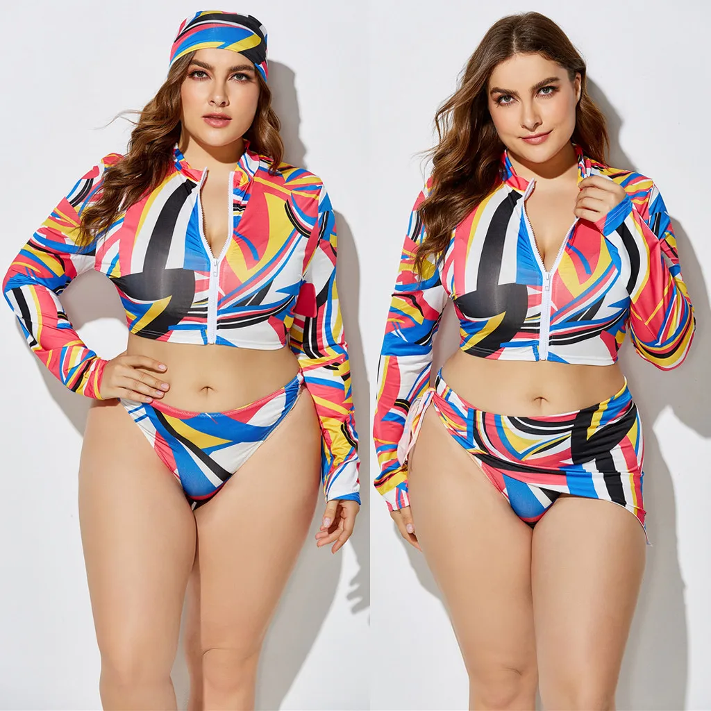 KANCOOLD Three-Piece Women's Swimwear High Waist Printing Long Sleeve Split Suit Brazilian Sexy Bathing Plus Size Swimsuit