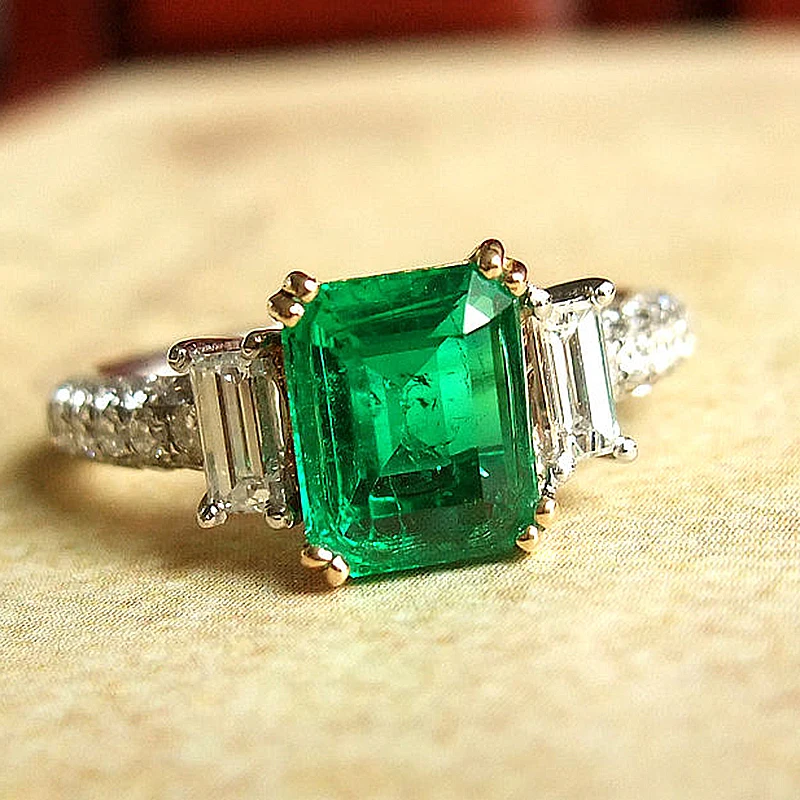 Colombian Solid 18K White Gold 0.7ctw Green Emerald Moissanite Ring Side Bagaguette Accent Luxury Fine Jewelry For Women | Украшения и
