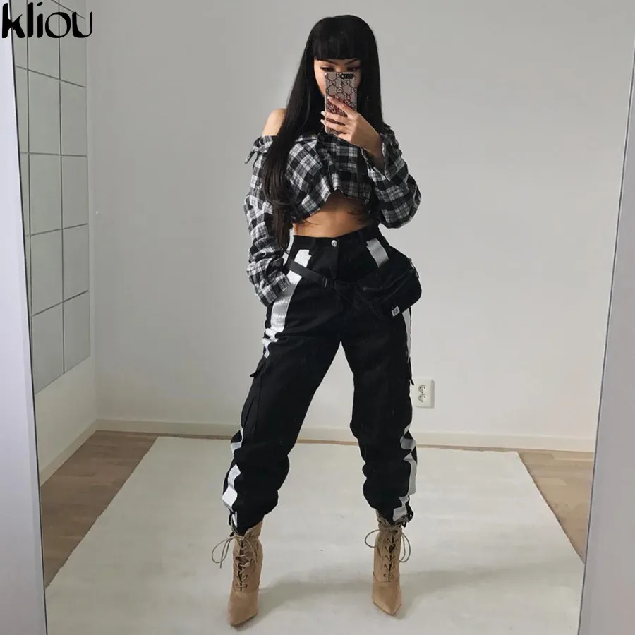 Kliou Новые женские модные длинные брюки со светоотражающими полосками однотонные повседневные свободные штаны с карманами с поясом на молнии и пуговице