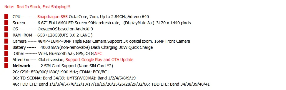 Глобальная прошивка Oneplus 7 Pro 6 ГБ ОЗУ 128 Гб ПЗУ мобильный телефон Snapdragon 855 6,6" AMOLED 48MP 30 Вт Быстрая зарядка NFC 4000 мАч