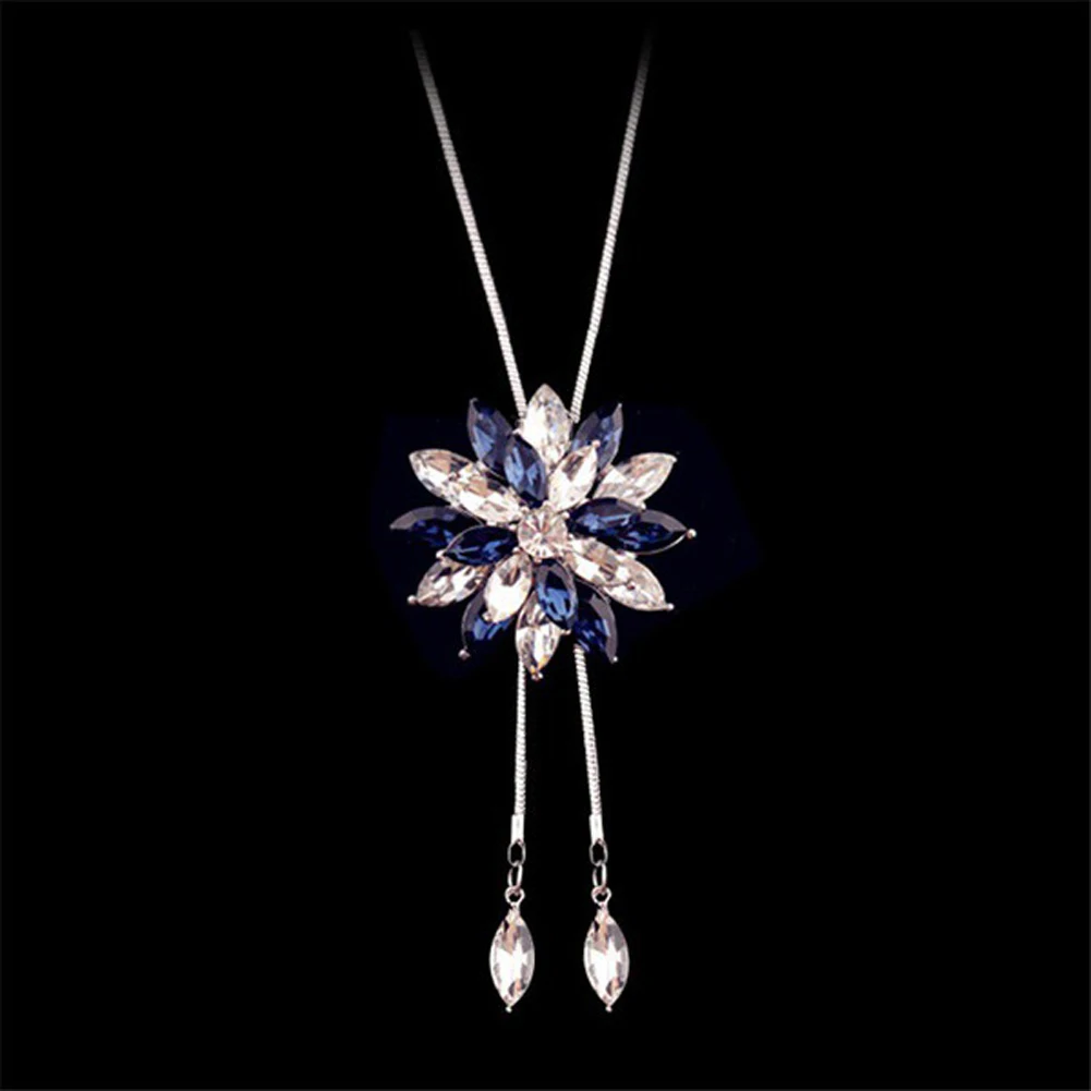 Zircon Snowflake Long Necklace Sweater Chain Fashion Fine Metal Crystal Rhinestone Flower Pendant Necklaces | Украшения и