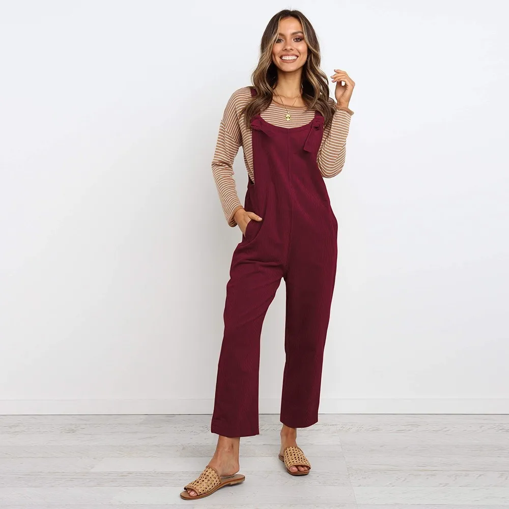 Вельветовые женские комбинезоны винтажные однотонные свободные с карманами