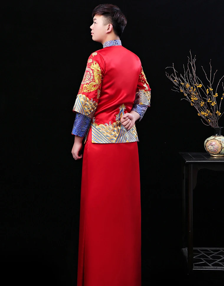 Мужской красный cheongsam тост костюмы жениха платье куртка длинное Традиционный
