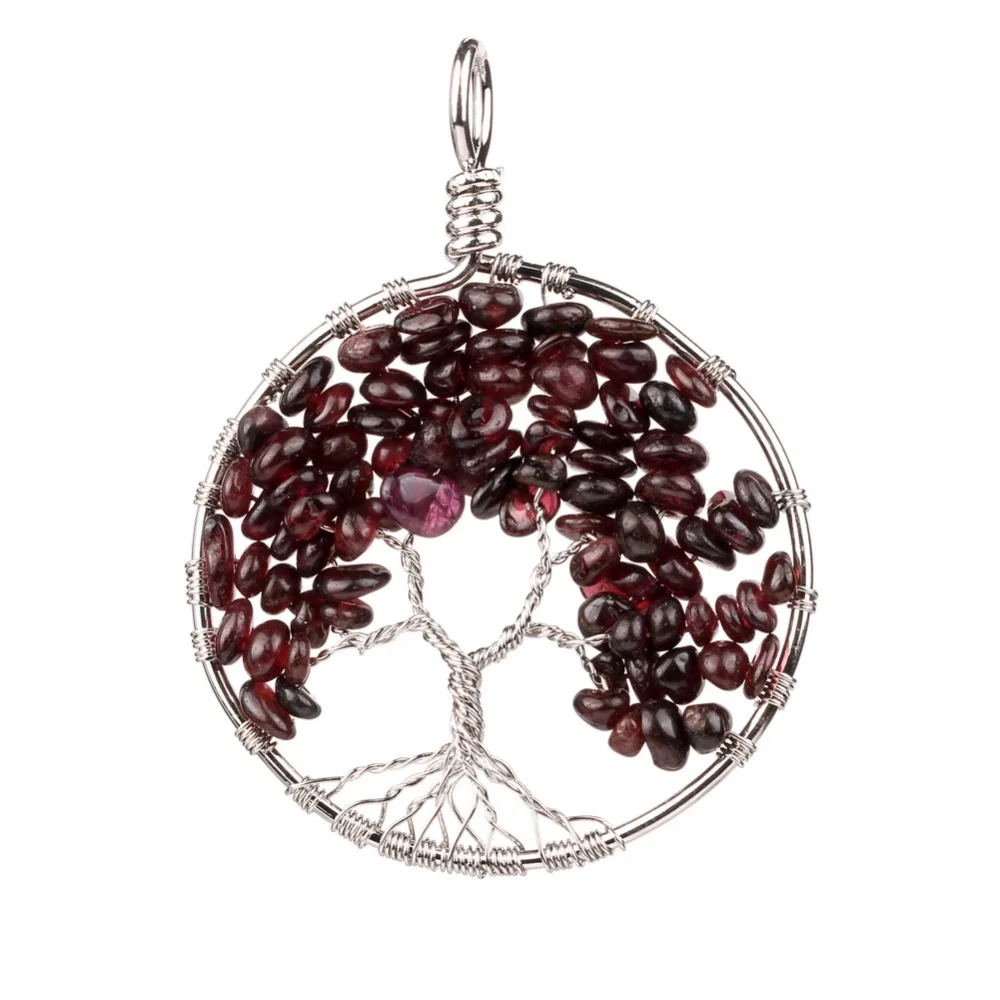 

Natural Garnet Tree of Life Pendant with Alloy Plated Crystal Healing Chakra Bead Charm Ornament