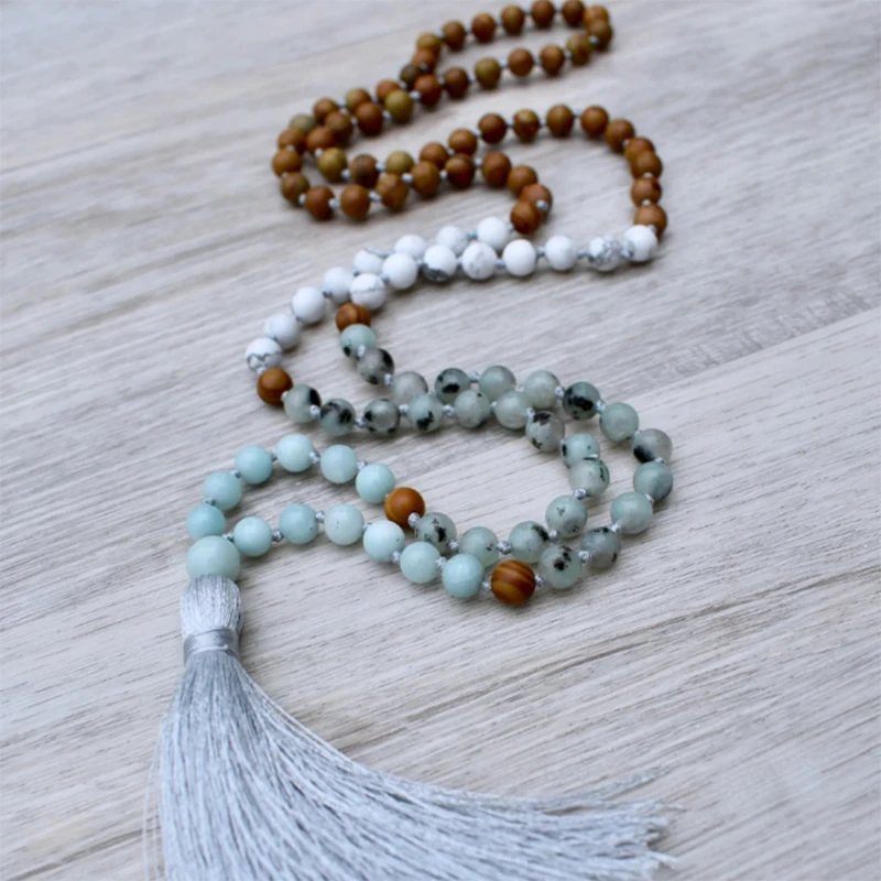 Mystic Beach Mala J-asper Amazonite Kiwi Howlite &amp Wood 108 Bead Hand Knotted Tassel Necklace Yoga Jewelry | Украшения и