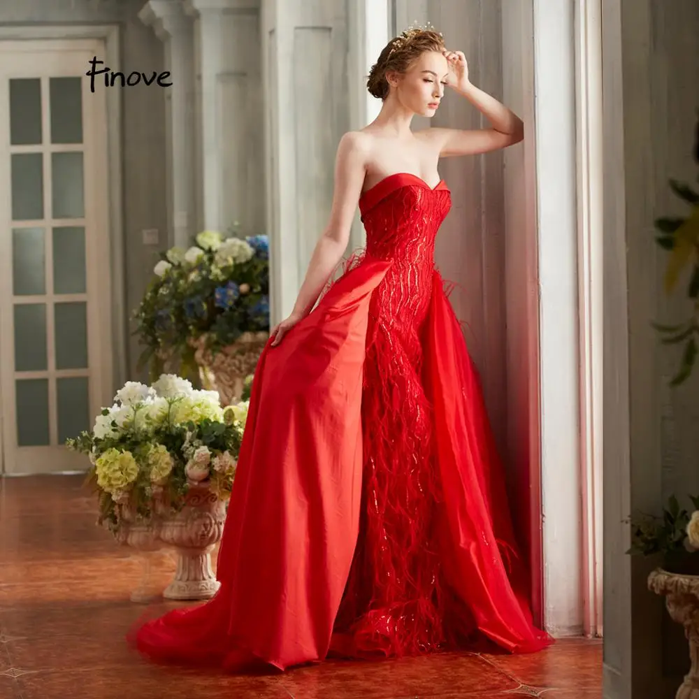 Finove New Elegant Red Prom Dress Sexy Strapless With Feathers Sequins Floor-Length Long A Line Formal Women's Dresses