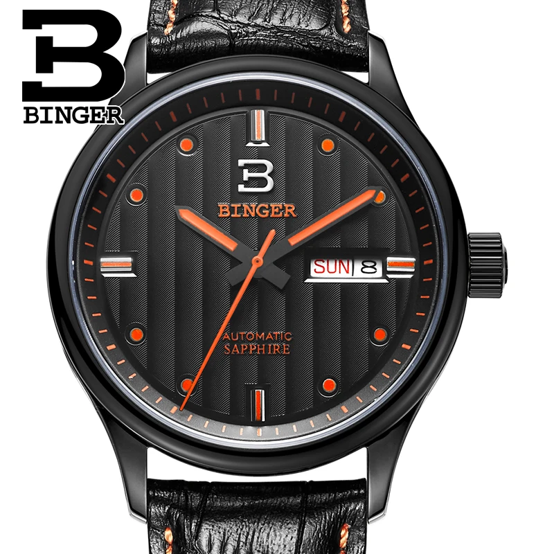 Switzerland men's watch luxury brand Wristwatches BINGER business Mechanical men watches leather strap Water Resistance B5006 | Наручные