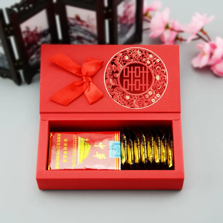 

Chinese Asian Style Red Double Happiness Wedding Favor Box Party Gift Favor Bowknot Hollow Out Candy Box 100pcs