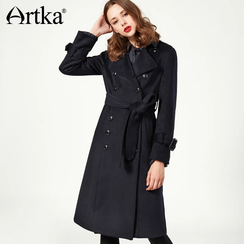 ARTKA 2018 осенне зимнее Элегантное длинное шерстяное пальто с регулируемым поясом