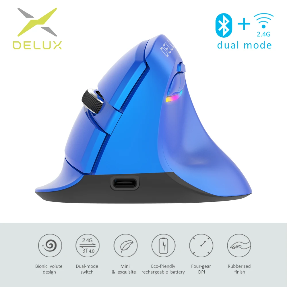 Беспроводная вертикальная мини мышь Delux M618 эргономичная Bluetooth 4 0 2 ГГц шестерни DPI