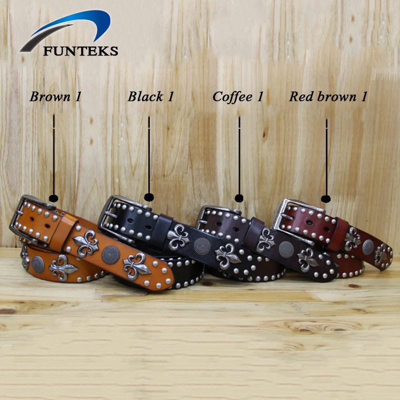 FUNTEKS 2017 унисекс из натуральной кожи Ремни Для мужчин Сплав пряжкой заклепки