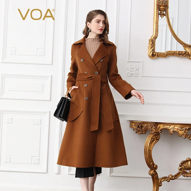 VOA Camel Wool Coat Women Long Overcoat Winter Warm Outerwear Cashmere Double Breast Coats Bow Belt Ladies Black Clothes SA7293 | Верхняя