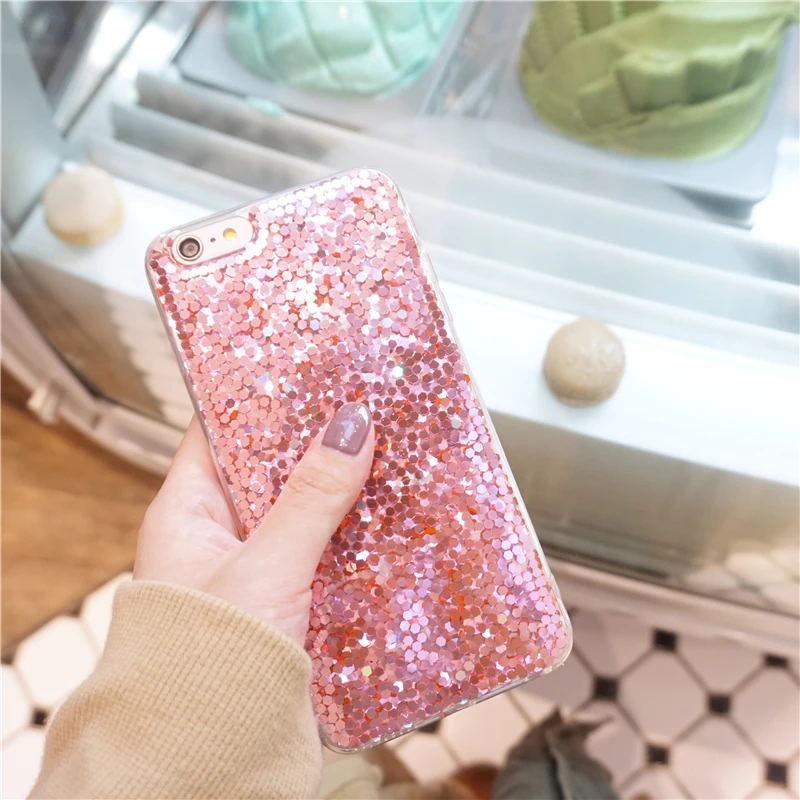 For iPhone X 10 Luxury Shine Pink Silicon Bling Sequins Soft TPU Case 5S SE 6 6s 7 8 Plus Back Phone Cover Capa Funda | Мобильные