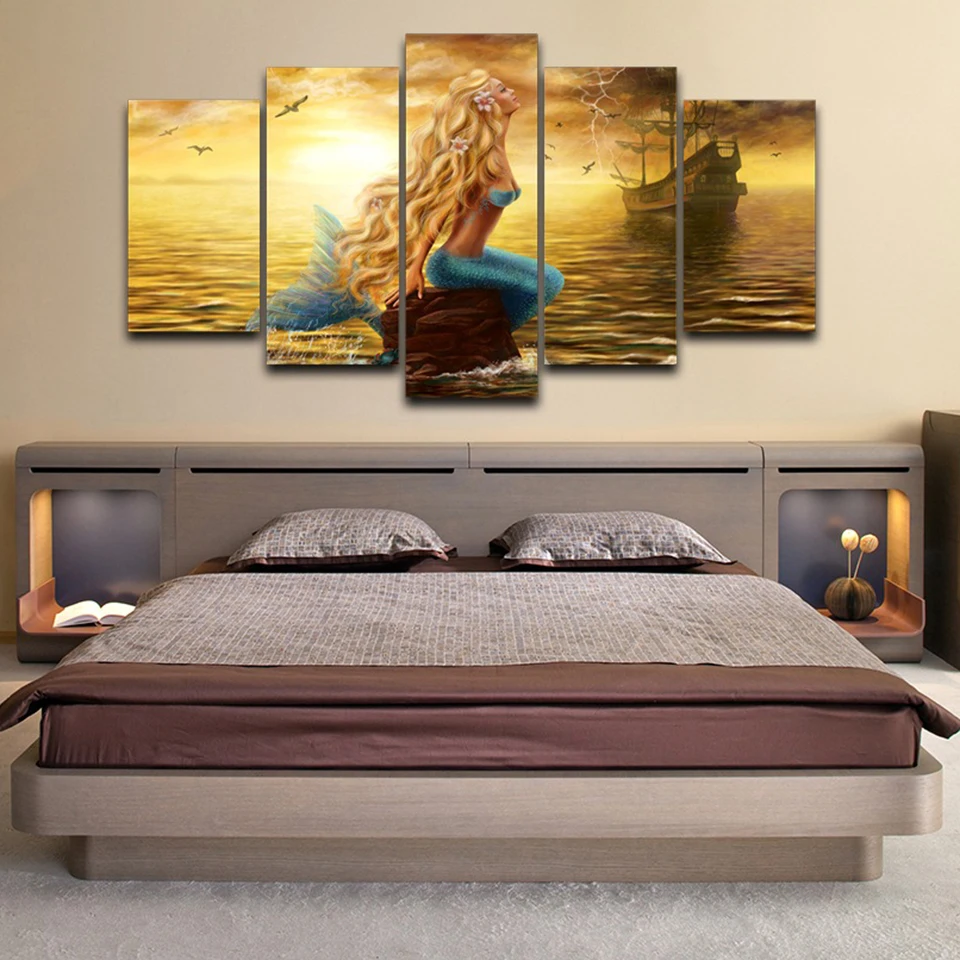 Модульная картина холст настенные картины 5 панелей закат пейзаж русалки