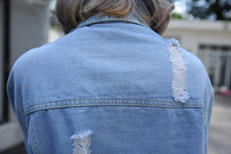 

New fashion autumn winter peal square collar long sleeve jeans coat hole frayed pocket denim women jacket