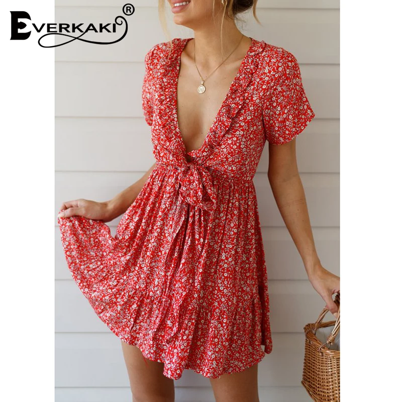 Everkaki Boho мини-платье с принтом женское платье эластичной талией и v-образным