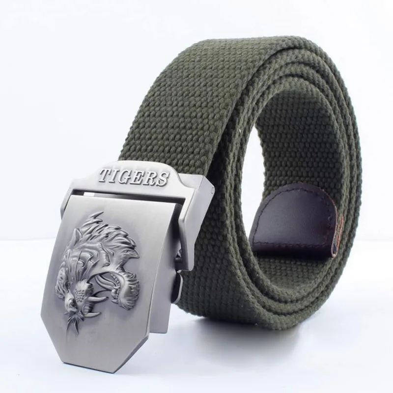J Army green Лучший YBT настоящий полосатый взрослый Повседневный модный унисекс тигровый кожаный ремень холщовый ремень мужской ремень из сплава с автоматической пряжкой вязаный ремень - Цвет: J Army green