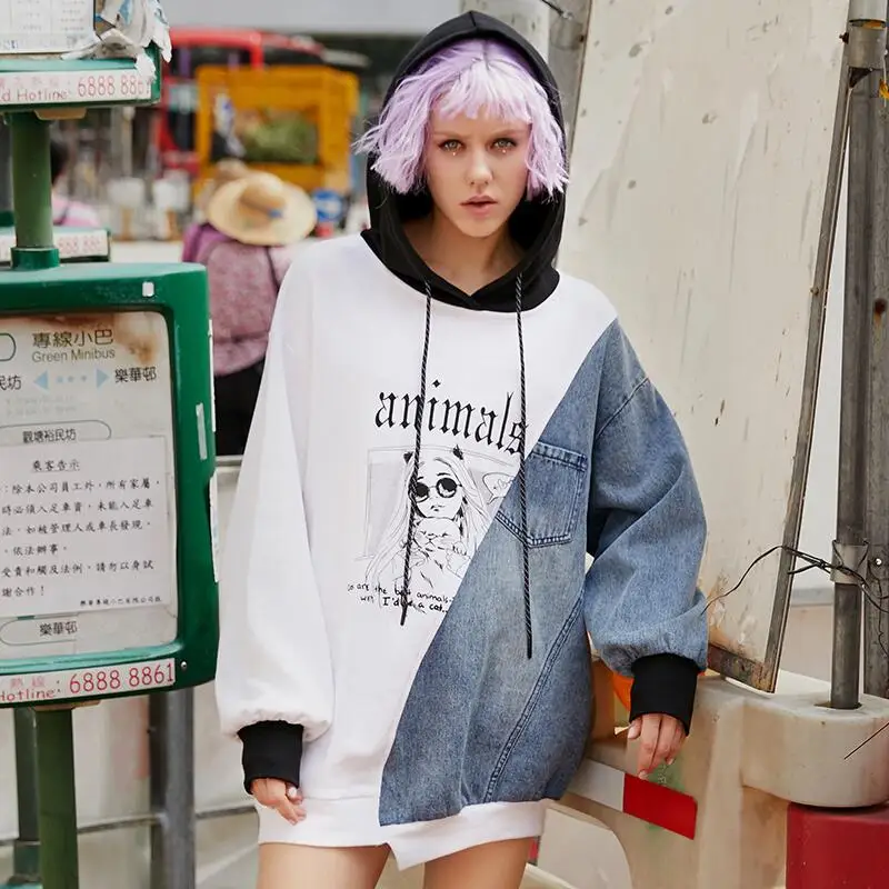 2019 весенние джинсовые Лоскутные нерегулярные толстовки женские длинные с