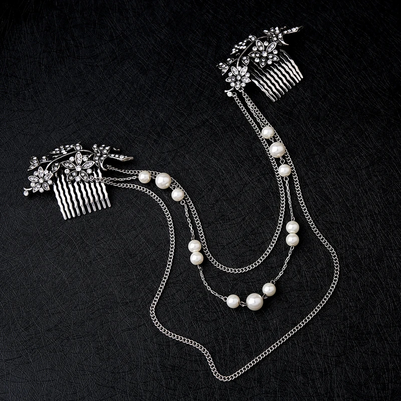 Многослойная цепь с искусственным жемчугом расчески для волос в виде листьев и