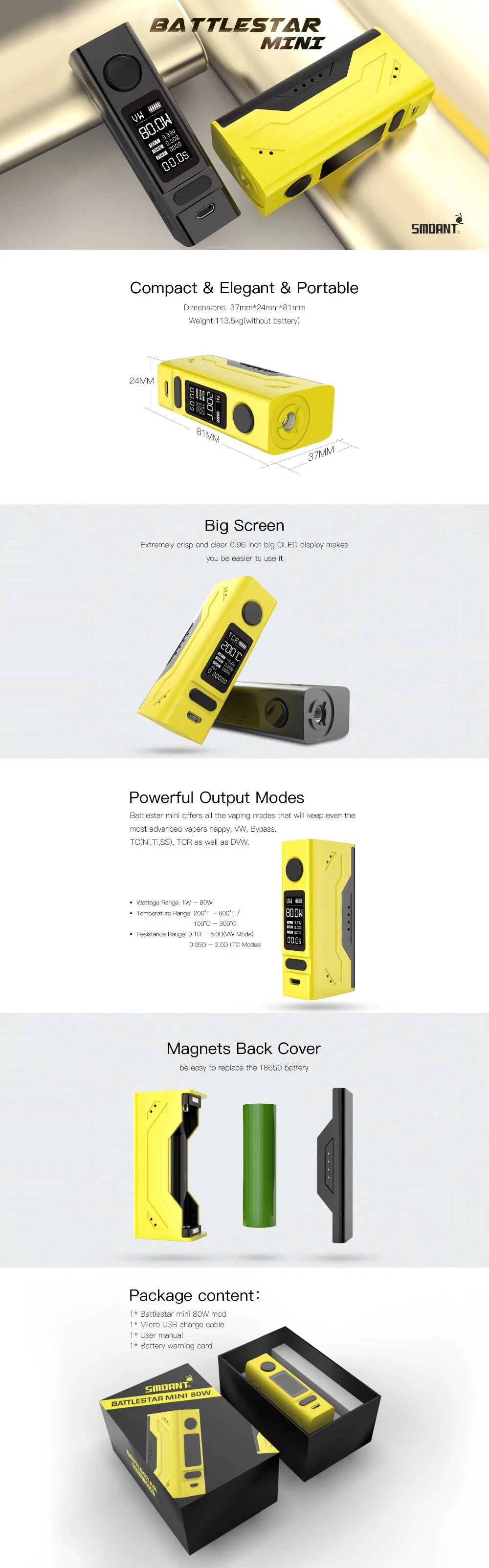 Smoant Battlestar Mini 80 Вт TC бокс мод с максимальным выходом 80 Вт 0,96 дюймов Большой светодиодный экран электронная сигарета Vape мод электронная сигарета