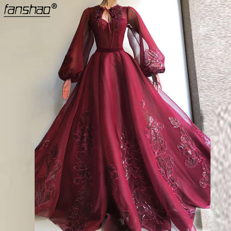 

Burgundy Muslim Evening Dresses Long Sleeves Tulle Sequins Lace Illusion Islamic Dubai Saudi Arabic Evening Gown Prom Dress