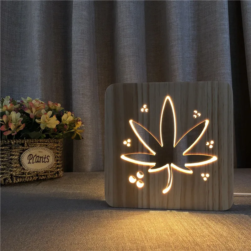 

Wood Leaf Lamp Novelty Hollow-out Carving LED Night Light 3D Wood Table Lamp for Bedroom Bedside Light