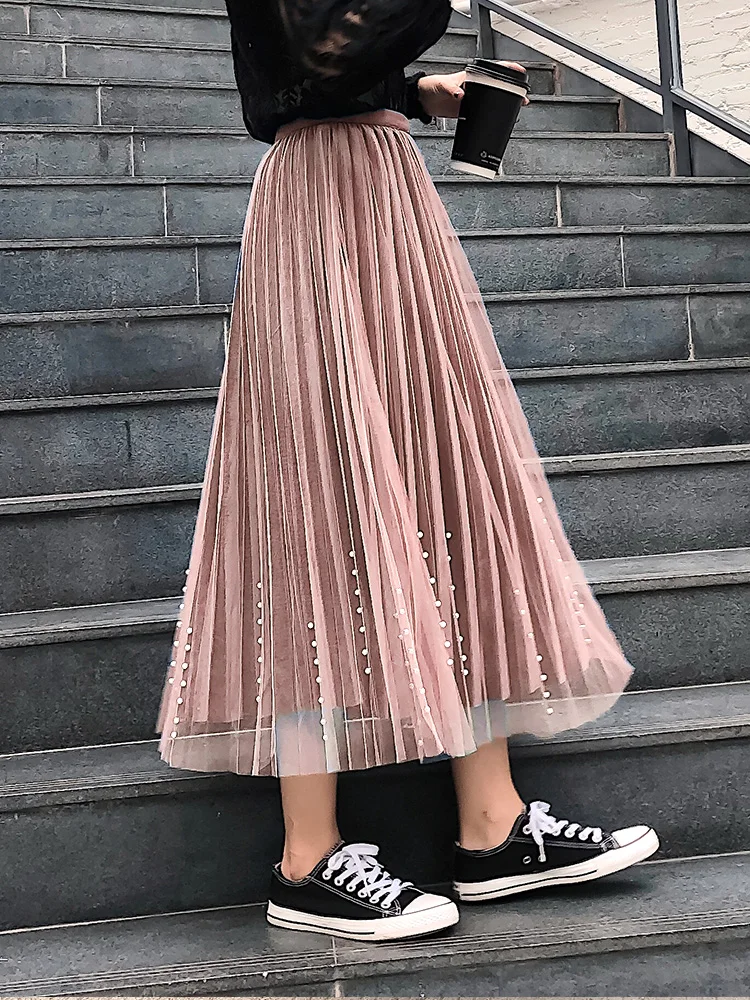 Летние Осенние длинные юбки Корейская элегантная Тюлевая юбка Harajuku плюс Размер Уличная готическая юбка с высокой талией Розовая Одежда