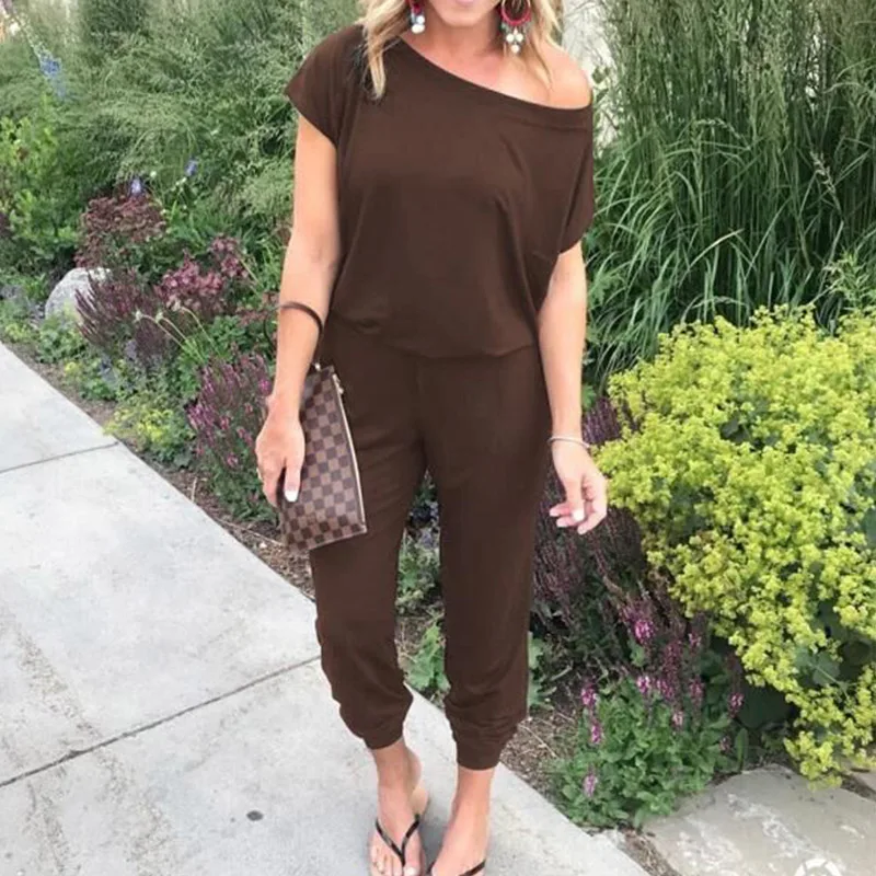 AF105 brown Новые хлопковые женские комбинезоны Летние повседневные цельные комбинезоны с высокой талией и баской с длинными широкими штанинами - Цвет: AF105 brown