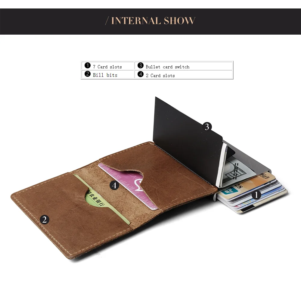 Men Wallet Automatic Credit card holder Crazy Horse Genuine Leather Aluminum Mini Wallet With Back Pocket ID Card RFID Blocking