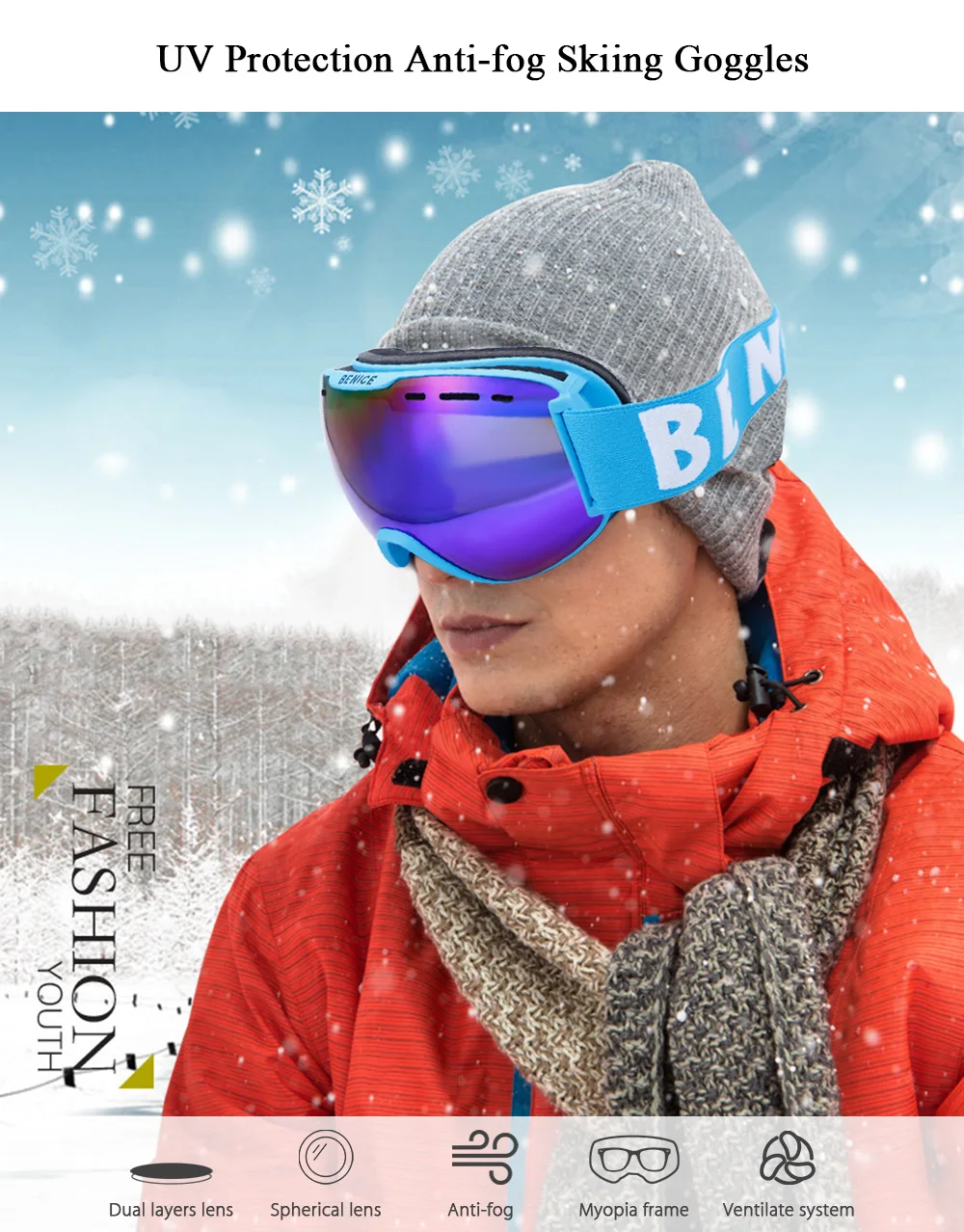 BENICE SNOW-4800 унисекс сферические анти-противотуманные линзы катание на сноуборде и лыжах очки альпинистские очки