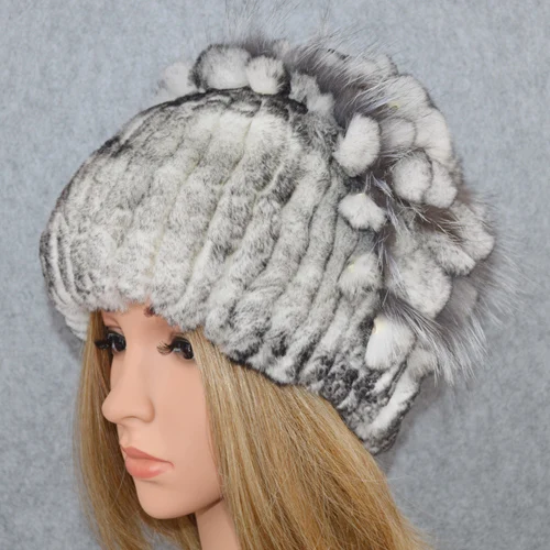 color 4 Эластичный женский Настоящий мех кролика Skullies шапки Роскошные вязаные цветы натуральная шапка из меха кролика рекс зимние натуральный мех шапочки - Цвет: color 4