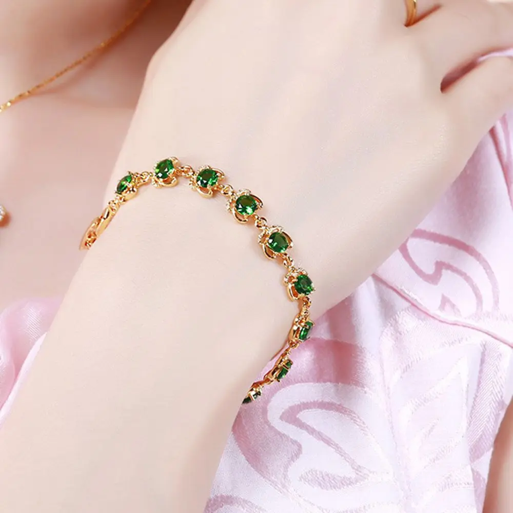 Green Zirconia Paved Bracelet Sparkling Jewelry Yellow Gold Filled Girls Womens Wrist Chain Gift | Украшения и аксессуары