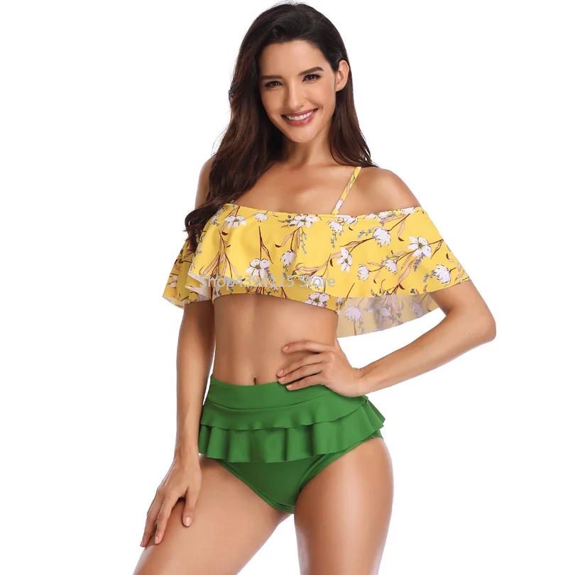 Сексуальный бикини 2019 Высокая талия Купальник с оборками Однотонный женский