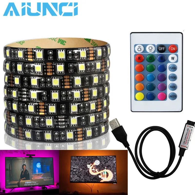 

DC5V USB LED Strip 5050 RGB TV Background Lighting 30LEDs/m + 24Key RF Controller 0.5m 1m / 2m Set.